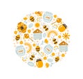 Kids colorful vector round poster hand drawn bee Honey cartoon doodle objects summer. Baby symbols and items card