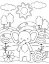 Kids coloring book with cute elephant, trees and flowers. Simple shapes, contour for small children. Cartoon vector Royalty Free Stock Photo