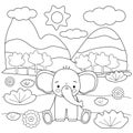 Kids coloring book with cute elephant, trees and flowers. Simple shapes, contour for small children. Cartoon vector Royalty Free Stock Photo