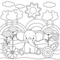 Kids coloring book with cute elephant, trees and flowers. Simple shapes, contour for small children. Cartoon vector Royalty Free Stock Photo