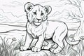 Kids coloring book image, lion cub, basic line drawing, simple image for young children to be able to color in