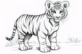 Kids coloring book image, tiger cub, basic line drawing, simple image for young children to be able to color in