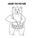Kids coloring book page. Bear playing on drum