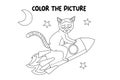 Kids coloring book page. Lemur on a rocket ship isolated on white background.