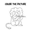 Kids coloring book page. Lion playing on flute isolated on white background. Royalty Free Stock Photo