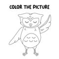 Kids coloring book page. Smiling owl isolated on white background.