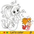 Kids coloring dreamy cute mermaid vector illustration