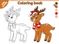 kids coloring page with Christmas deer in red hat