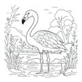 Kids coloring page of a flamingo in the swamp that is blank and downloadable for them to complete