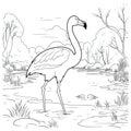 Kids coloring page of a flamingo in the swamp that is blank and downloadable for them to complete