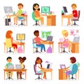 Kids computer vector child studying lesson on laptop at school illustration set of schoolgirl and schoolboy learning