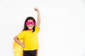 Kids concept, smiling girl playing super hero on white background Royalty Free Stock Photo