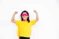 Kids concept, smiling girl playing super hero on white background Royalty Free Stock Photo