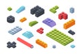 Kids constructor isometric blocks set. Multicolored tiles and parts assembly toy models geometric strips various shapes