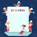 Kids cooking background. Little chef, children menu or certificate template. Restaurant flyer design, cute decent young