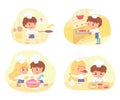 Kids cooking and baking pastry set. Little girl and boy in hat and apron making pie, pancakes, cake, doughnuts vector