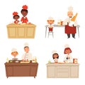 Kids cooking. Chef uniform making food with adults cook male and female professional peoples vector characters