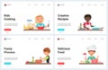 Kids cooking food in kitchen, fun creative cook recipe, child culinary landing page set Royalty Free Stock Photo