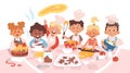 Kids cooking illustrations. Happy children prepare cake, soup and biscuits. Boys and girls in chef hat