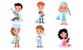 Kids In Costumes With Green Cross Depicting Different Medical Professions In Vector Illustration Set Isolated On White