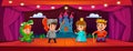 Kids in costumes on a stage of a school theater. Children\'s play illustration
