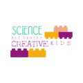 Kids Creative Class Template Promotional Logo With Constructor Building Blocks, Symbols Of Art and Creativity