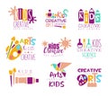 Kids Creative Class Template Promotional Logo Set With Symbols Of Art and Creativity, Painting And Origami