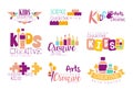 Kids Creative And Science Class Template Promotional Logo Set With Symbols Of Art and Creativity, Painting And Origami