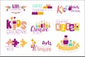 Kids Creative And Science Class Template Promotional Logo Set With Symbols Of Art Creativity, Painting Origami