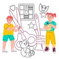 Kids creative sewing workshop banner with children sewing toys and patchwork.