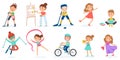 Kids creative and sport hobbies, baby musician, dancer, artist. Reading, painting, sport and dancing hobby vector Royalty Free Stock Photo