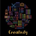 Kids creativity and children art design poster of painting tools, paint brush and pencil or felt tip pen.