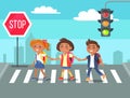 Kids Crossing Road in City Cartoon Illustration Royalty Free Stock Photo