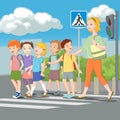 Kids crossing road with teacher. Vector illustration. Royalty Free Stock Photo