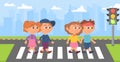 Kids on crosswalk. Kid street crossing, student on road. Green traffic light, safety in town. Cartoon children walk Royalty Free Stock Photo