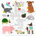 Kids crosswords with pets. Children crossing word search puzzle with pats animals like cat and dog, turtle and hare Royalty Free Stock Photo