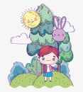 Kids, cute little boy with balloon shaped rabbit landscape