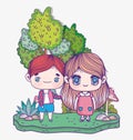 Kids, cute little boy and girl anime cartoon in the park natural