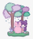 Kids, cute little girl anime cartoon and cute squirrel tree leaves