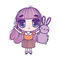 Kids, cute little girl anime cartoon holding fluffy bunny