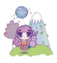 Kids, cute little girl anime cartoon holding fluffy bunny mountain tree moon night