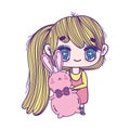 Kids, cute little girl anime cartoon holding fluffy bunny toy