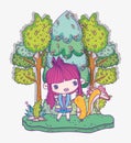 Kids, cute little girl anime cartoon and squirrrel in the forest trees grass Royalty Free Stock Photo