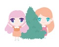 Kids, cute little girls anime cartoon bush tree