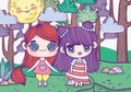 Kids, cute little girls anime cartoon forest sun trees stones field Royalty Free Stock Photo