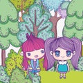Kids, cute little girls anime cartoon together in the forest Royalty Free Stock Photo