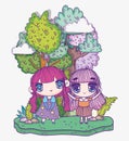 Kids, cute little girls anime cartoon trees sky clouds grass