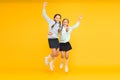 Kids cute students. Schoolgirls best friends excellent pupils. Schoolgirls tidy appearance school uniform. School Royalty Free Stock Photo