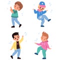 Kids dancing. Children characters dance and sing, little happy boys listen melodies, young music lovers together. Hobby