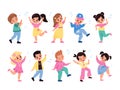 Kids dancing. Children characters dance and sing, little happy girls and boys listen melodies, young music lovers, notes